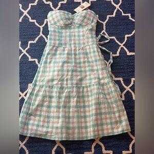 Guess Strapless Plaid Blue Lagoon Mini Dress - Teal and White
